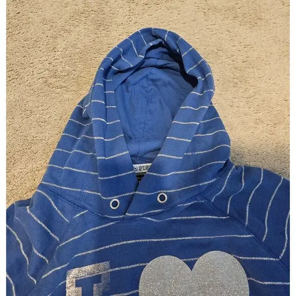 VS Pink Women's Large Blue Hoodie Pullover Stripe Y2K flaw- missing drawstring - Picture 6 of 9